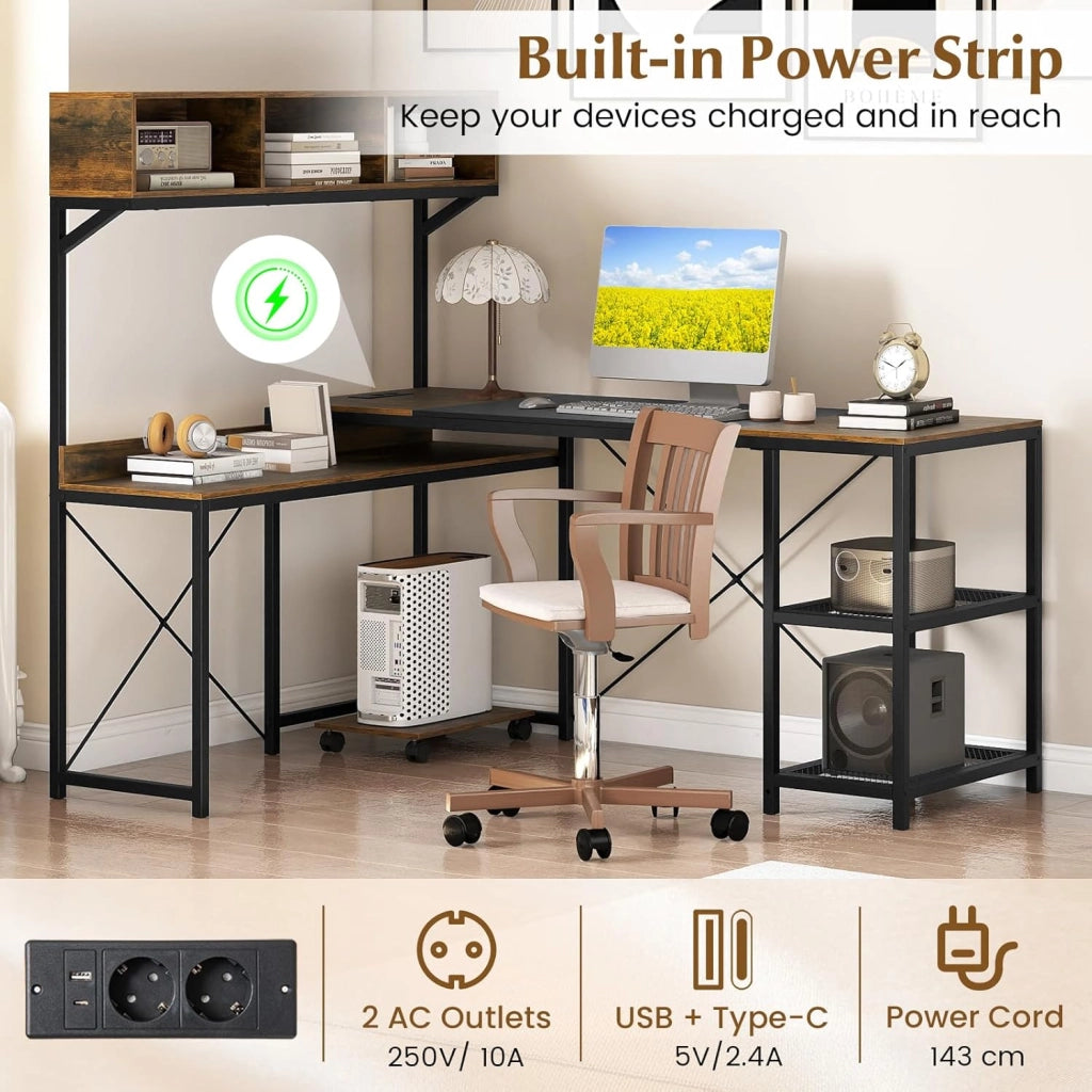 Scrivania con portaoggetti a forma di L, scrivania angolare reversibile con prese elettriche, ripiani aperti e supporto CPU mobile, per camera da letto, marrone rustico + nero