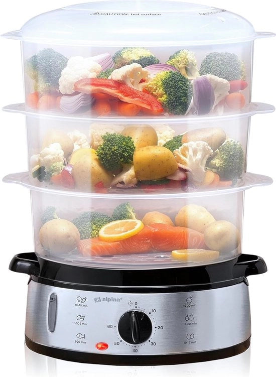 Stufa a vapore - BPA libero - Capacità di 9 litri - 3 strati - 230V - 800W - Plastica - Acciaio inossidabile - Con vasca per condensa - Riscaldamento fino a 60 minuti - Cucina - Cottura - Argento