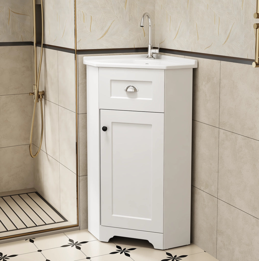 Mobile sottolavabo bagno a pavimento in MDF bianco con maniglie in metallo