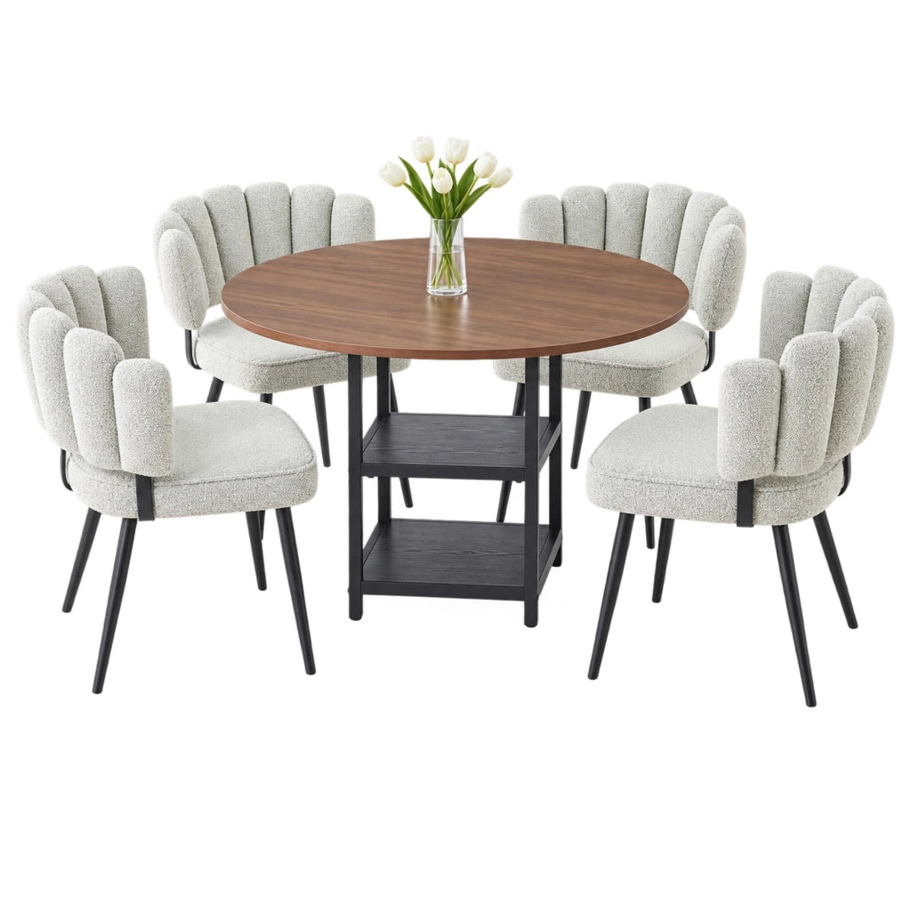Set tavolo e sedie da pranzo 107 cm effetto noce, 4 sedie bouclé