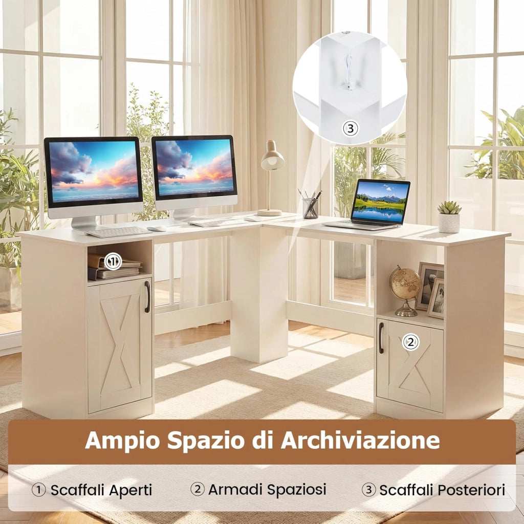Scrivania Angolare Salvaspazio con Stazione di Ricarica, Ripiani Aperti e 2 Armadietti, Scrivania ad Angolo in Legno, Scrittoio per Computer per Soggiorno, Studio e Ufficio