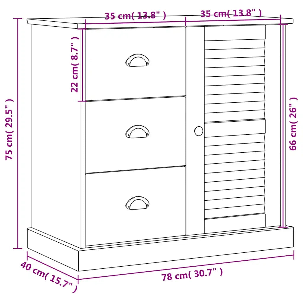 Credenza | Madia | Buffet da pranzo | Armadio da pranzo Cassetti VIGO Bianco 78x40x75 cm Legno Massello Pino