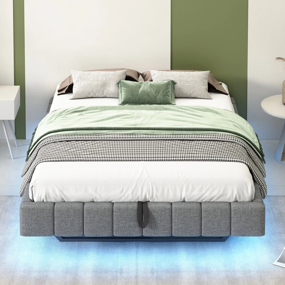 Letto Contenitore Imbottito con LED ¨C MINIMAL ¨C Grigio, 140x200 cm