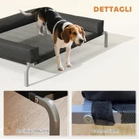 Lettino per Cani Rialzato di 19.5 cm con Cuscino a U, in Poliestere e Acciaio, 110x75x30 cm, Nero e Argento