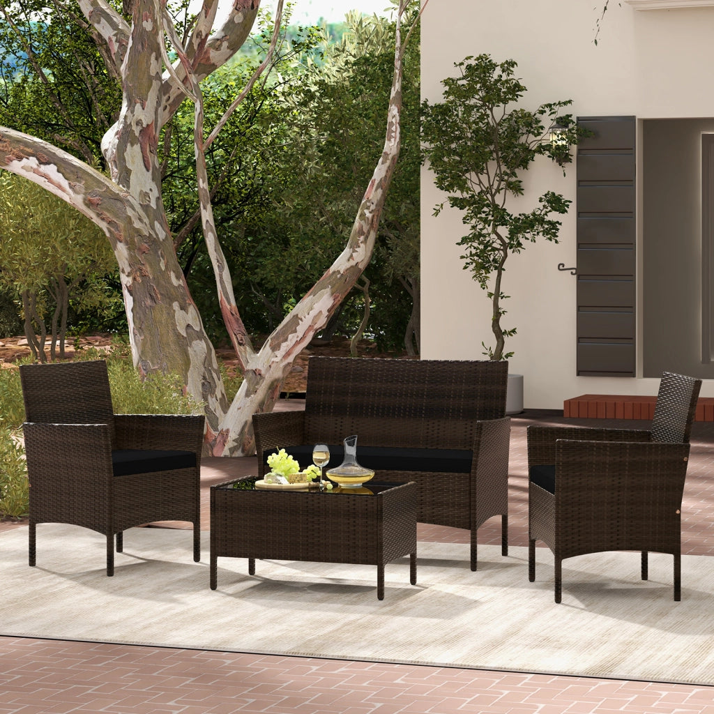 Set da conversazione in rattan per patio 4 pezzi con cuscini morbidi, Mobili da esterno modulari per giardino e veranda Nero