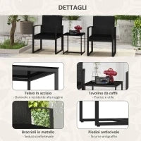 Set da Giardino 3 Pezzi con 2 Sedie con Cuscini e Tavolino con Piano in Vetro, Effetto Rattan Nero