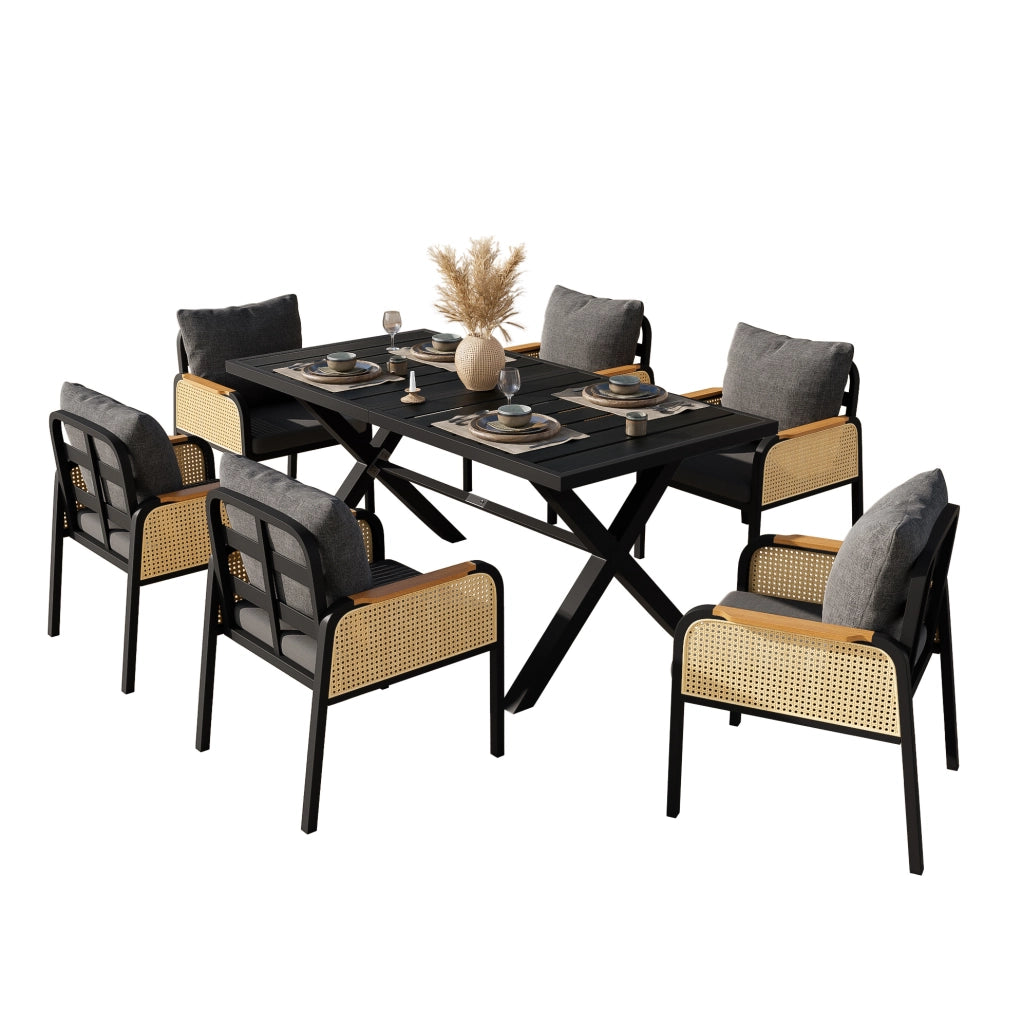 Set da pranzo da esterno con tavolo e 6 sedie; ferro e poliestere; nero e naturale