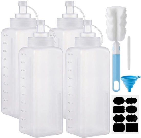 Spremifile 1000ml - Materiale plastico - Bottiglia spray a 5 facce - Flacone dosatore - Flaconi a chiusura ermetica - 4 pezzi - Qualità alimentare - Flacone per salse