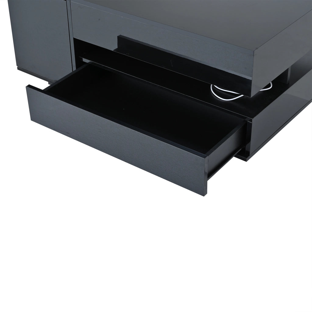 Tavolino da salotto 95x50x40 cm; piano sollevabile con LED e vani portaoggetti; truciolare; nero lucido