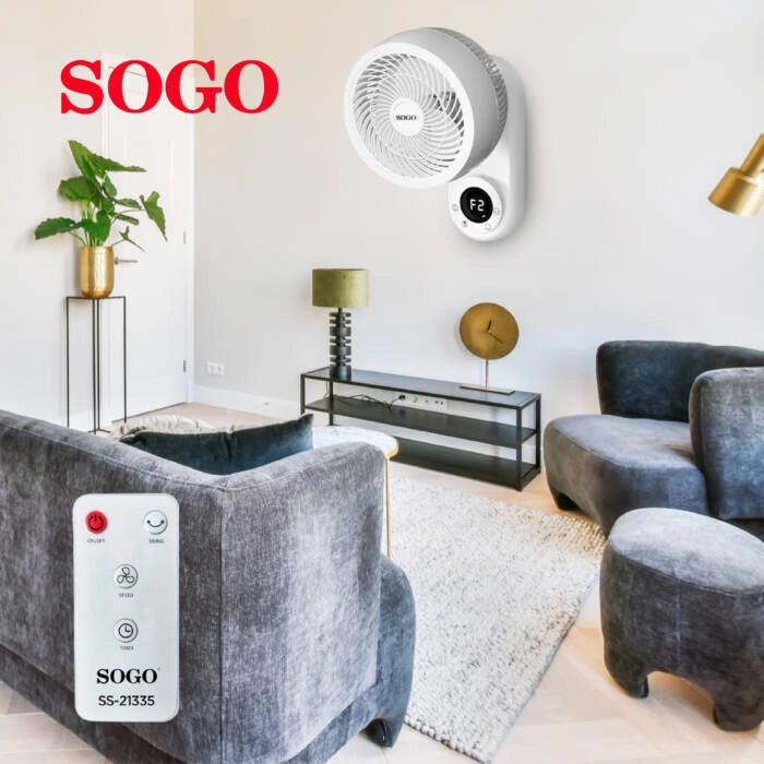 Ventilatore da parete 25 cm con telecomando, 50W 3 velocità e timer 12h, oscillazione automatica e funzione aroma - Sogo