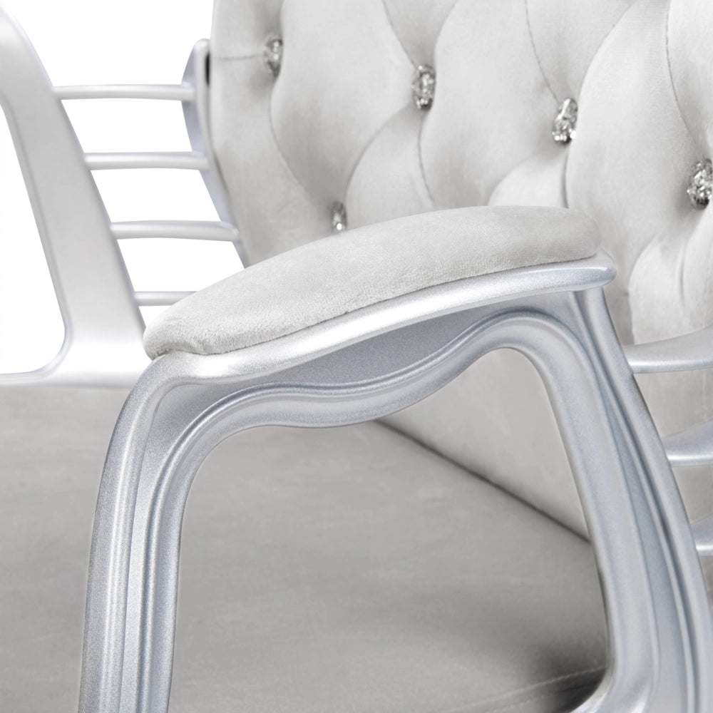 Sedia da ufficio in velluto grigio chiaro con cristalli e altezza regolabile e schienale trapuntato stile retrò moderno