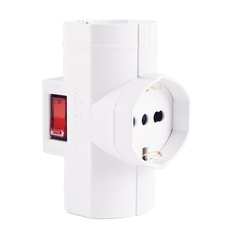 Adattatore con Interruttore Spina 10A con 3 Prese Universali Ita 10A/16A Schuko Spina Laterale Salvaspazio Bianco