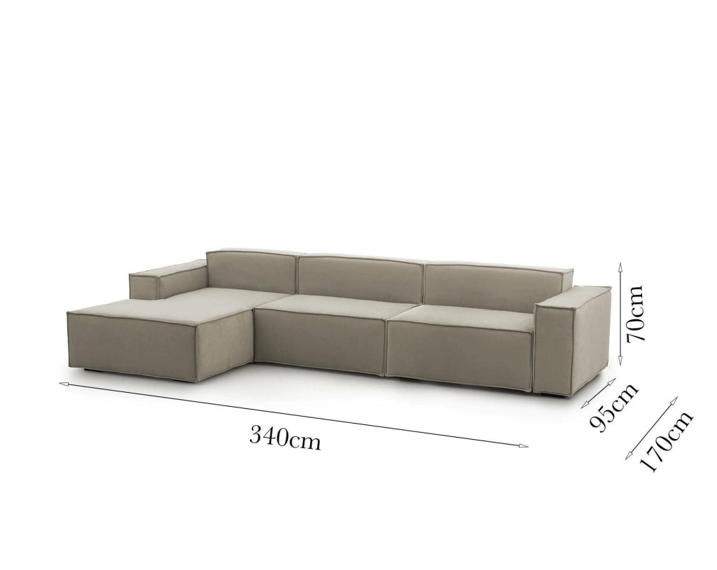 Divano fisso Atrillo, Divano componibile a 4 posti con penisola sinistra, Made in Italy, SofÒ  moderno in tessuto, Cm 340x170h70, Tortora