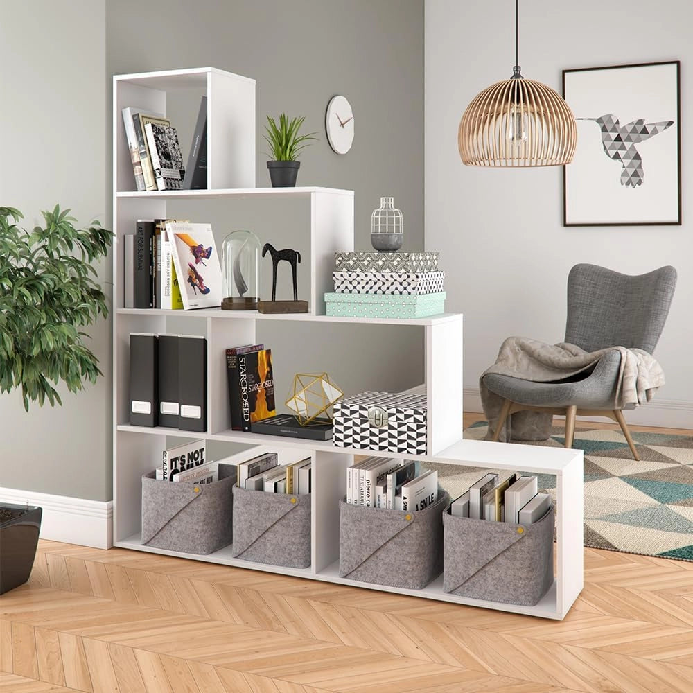 Scaffale per scale, Bianco, 163 x 155 cm, utilizzabile come divisorio con ripiani aperti