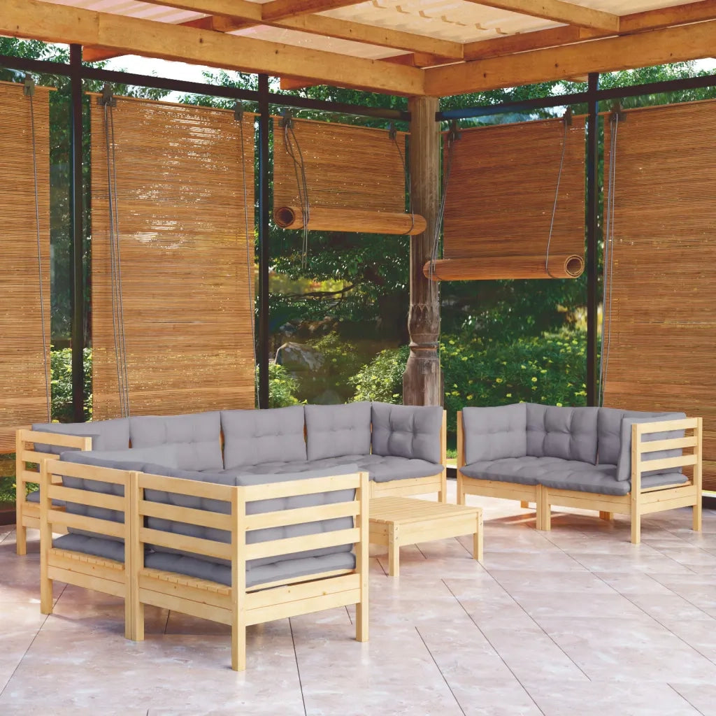 Set Divani da Giardino 9 pz con Cuscini Grigi Massello di Pino cod mxl 38678