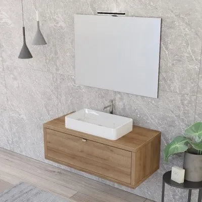 Mobile bagno sospeso 110 cm rovere miele con lavabo da appoggio e specchio Master