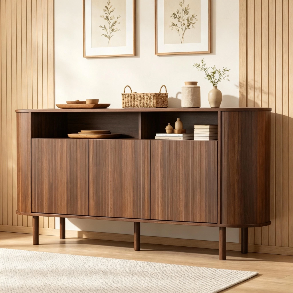 CREDENZA 160x40x78,5 cm con 3 ante ondulate, ripiani aperti, finitura noce