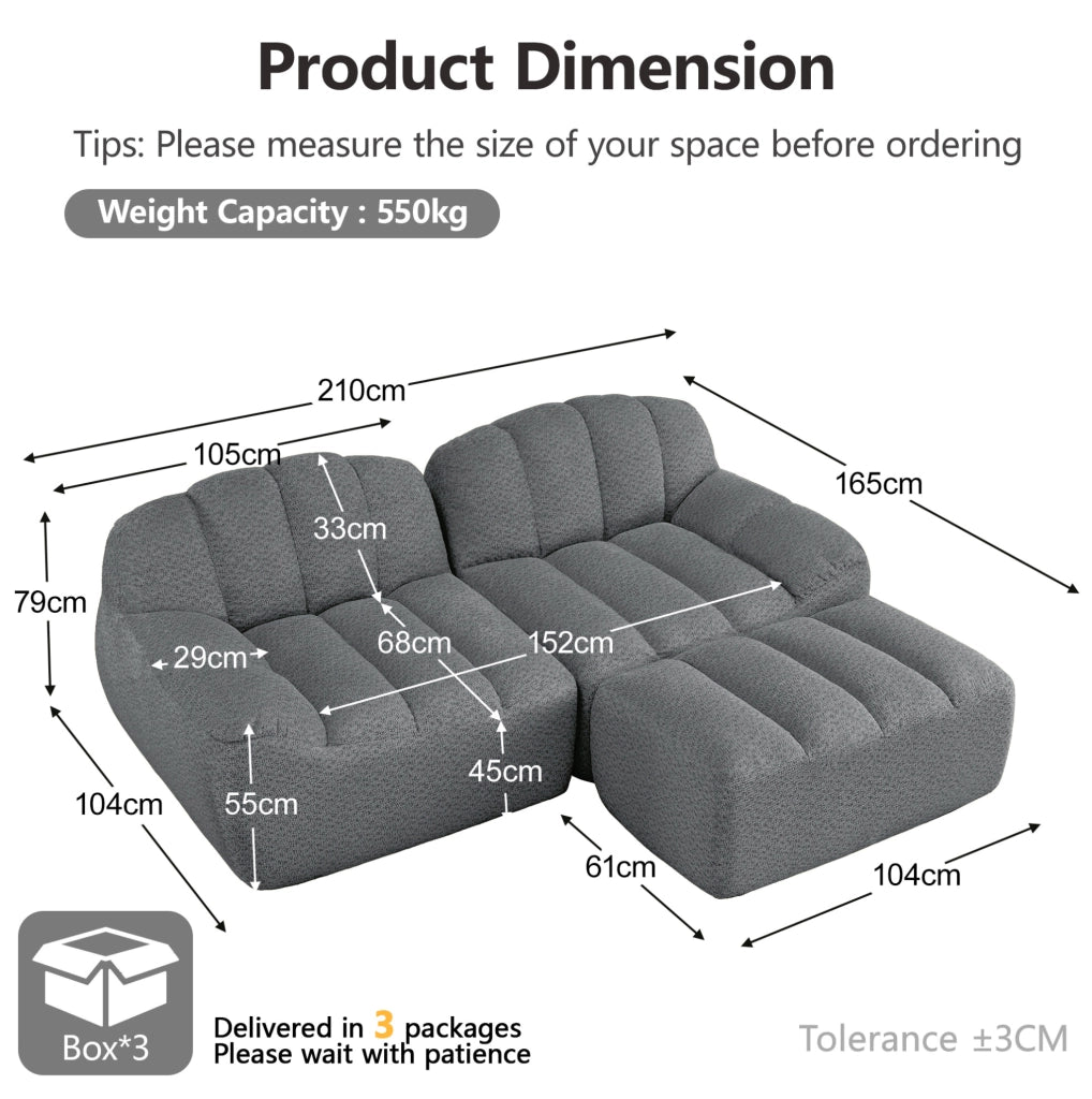 Divano modulare 210x165x79 cm senza montaggio in fleece granulato grigio