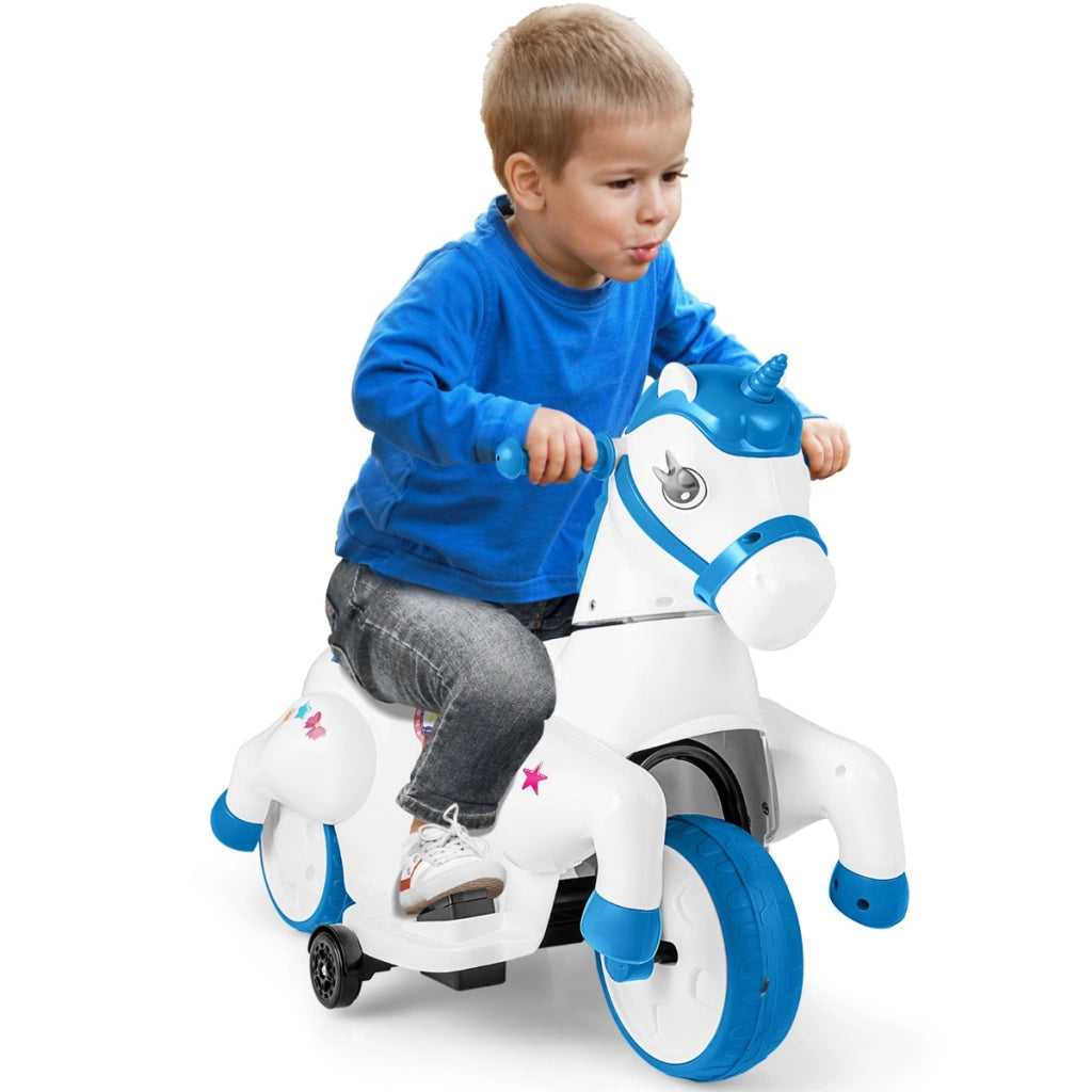 Giocattolo unicorn a cavallo 12V con ruote di addestramento modalit¨¤ di equitazione, Cavallo a batterie per bambini Blu