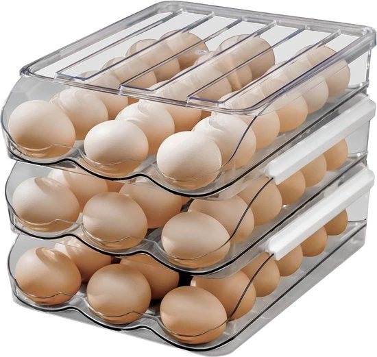Contenitore per Uova in Plastica Trasparente (3 Strati) con Capacità di Stoccaggio Elevata, Organizzatore per Uova in Frigorifero, Ripiegabile e Stivabile
