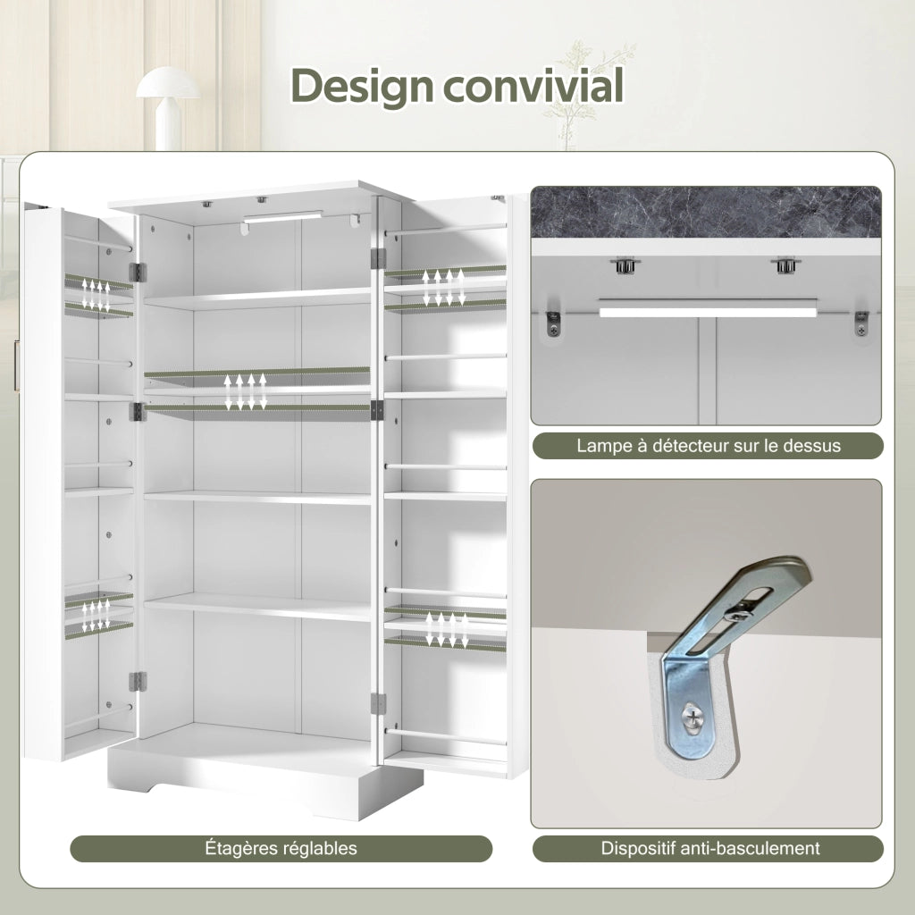 Credenza da cucina con LED sensor e 5 ripiani regolabili, per cucina e soggiorno, in MDF, bianco, 60 × 35 × 128 cm