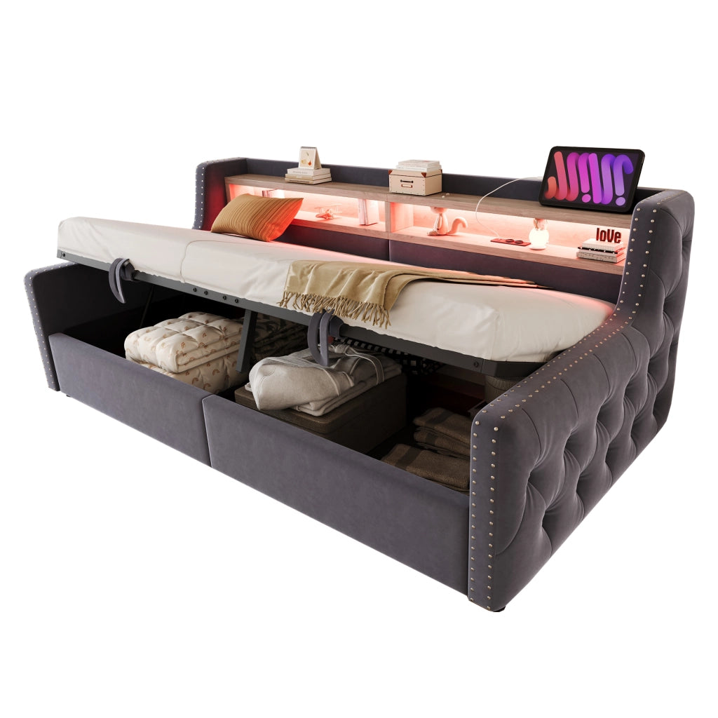 Schlafsofa imbottito 90x200 cm in velluto grigio con contenitore idraulico, LED, presa USB/Type-C e rete a doghe