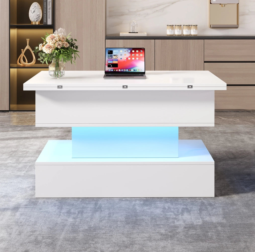 Tavolino da caffè bianco sollevabile 100×50 cm con LED, prese, USB-C e vano contenitore