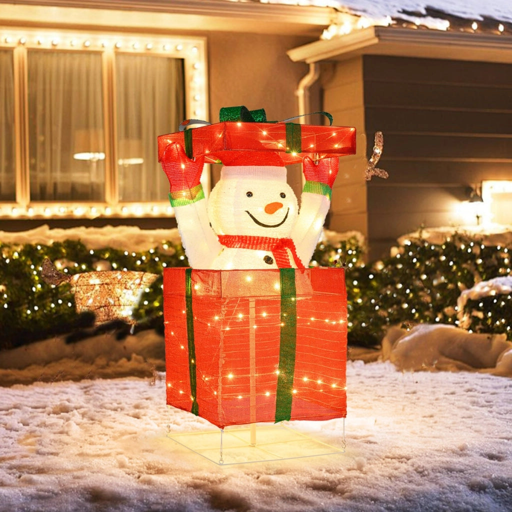Decorazione natalizia con pupazzo di neve e 100 luci LED per interno ed esterno, Pupazzo di neve illuminato 3D in confezione regalo