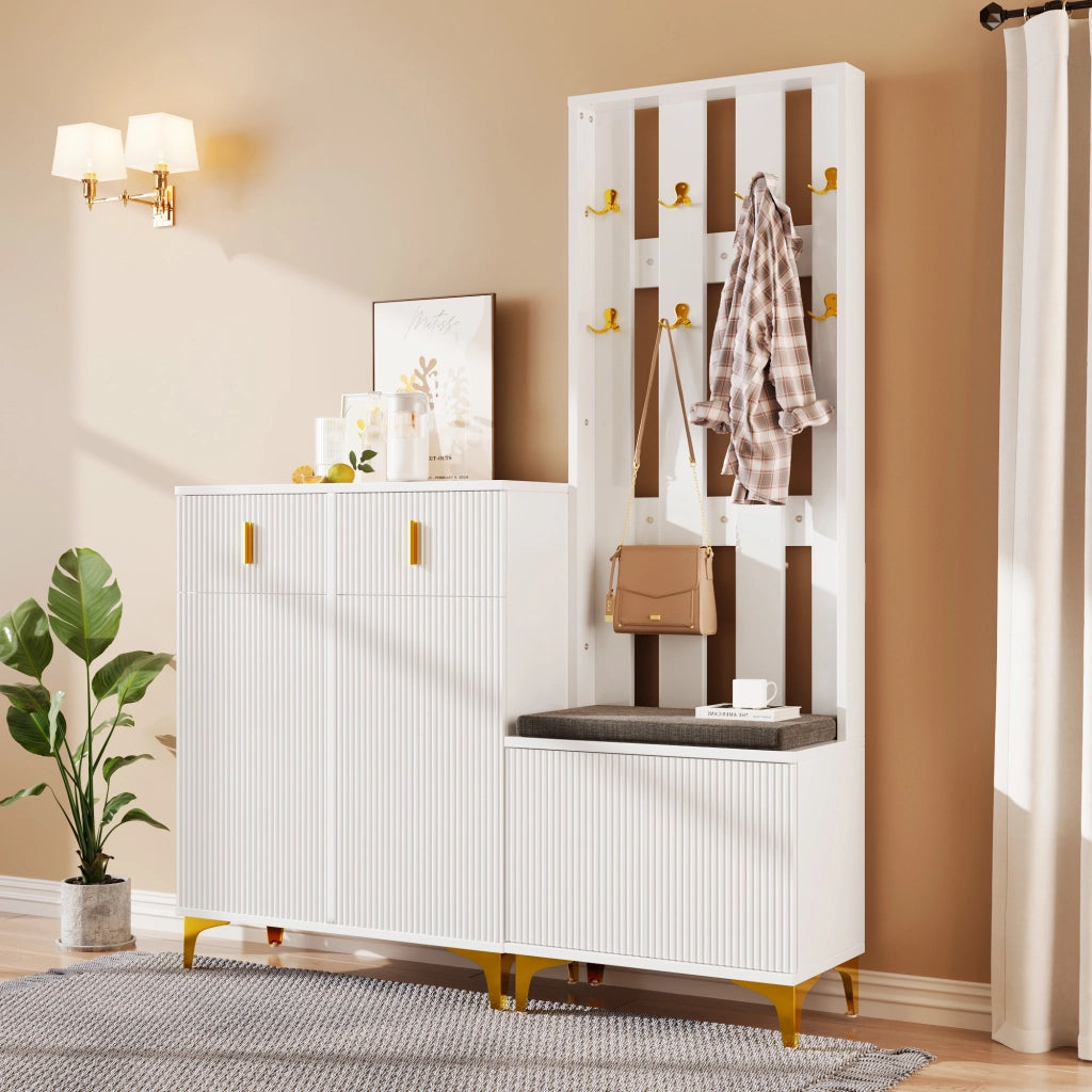 Set Ingresso con Scarpiera, Panca con Cuscino, Appendiabiti e Cassetti ¨C MINIMAL ¨C Bianco