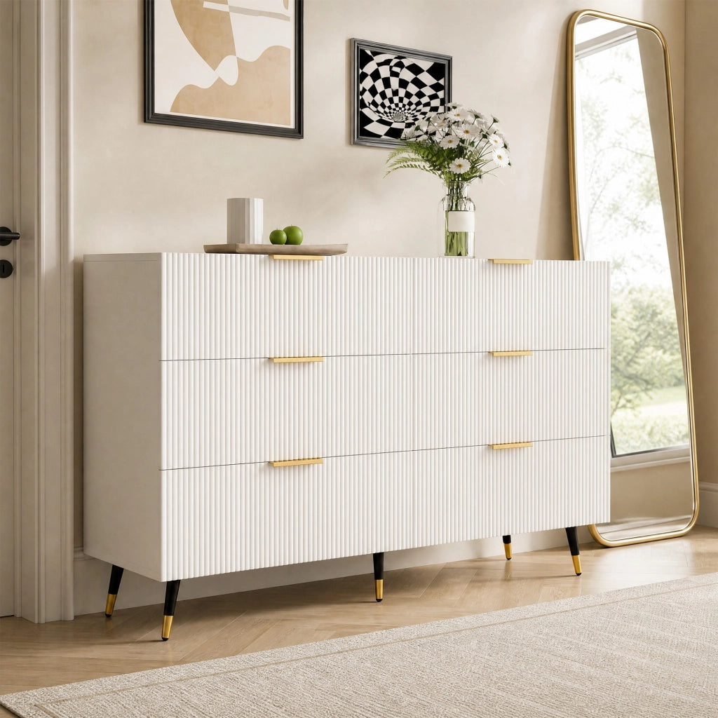 Credenza moderna 120x40x77 cm con 6 cassetti; bianca con dettagli dorati