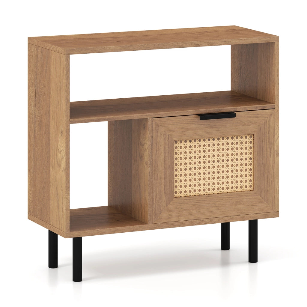 Comodino boho in rattan con ripiano portaoggetti e gambe in metallo-Tavolino laterale in legno piccolo multifunzionale per soggiorno camera da letto