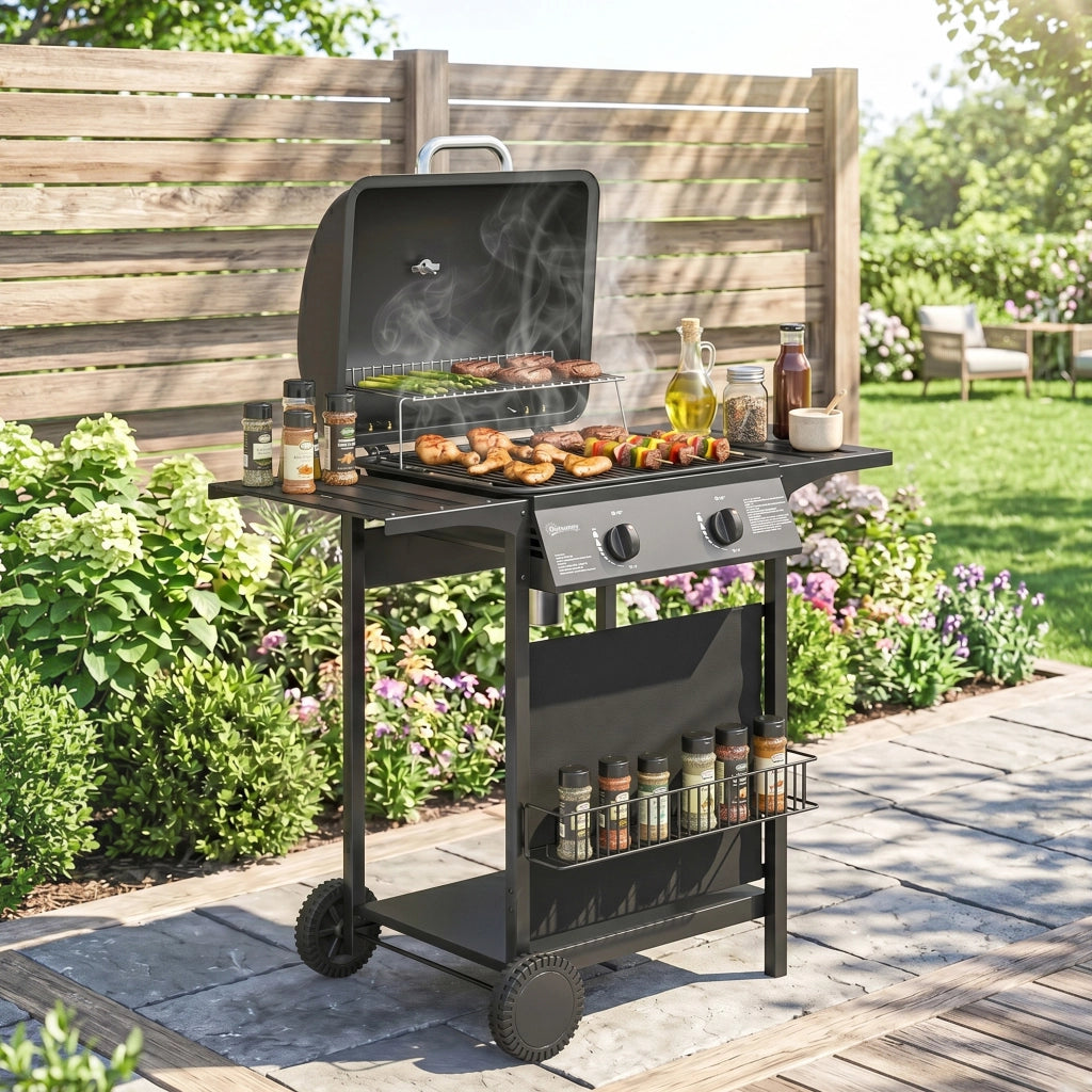Barbecue a Gas con 2 Bruciatori e Tavolini Laterali ¨C zephmum ¨C Nero