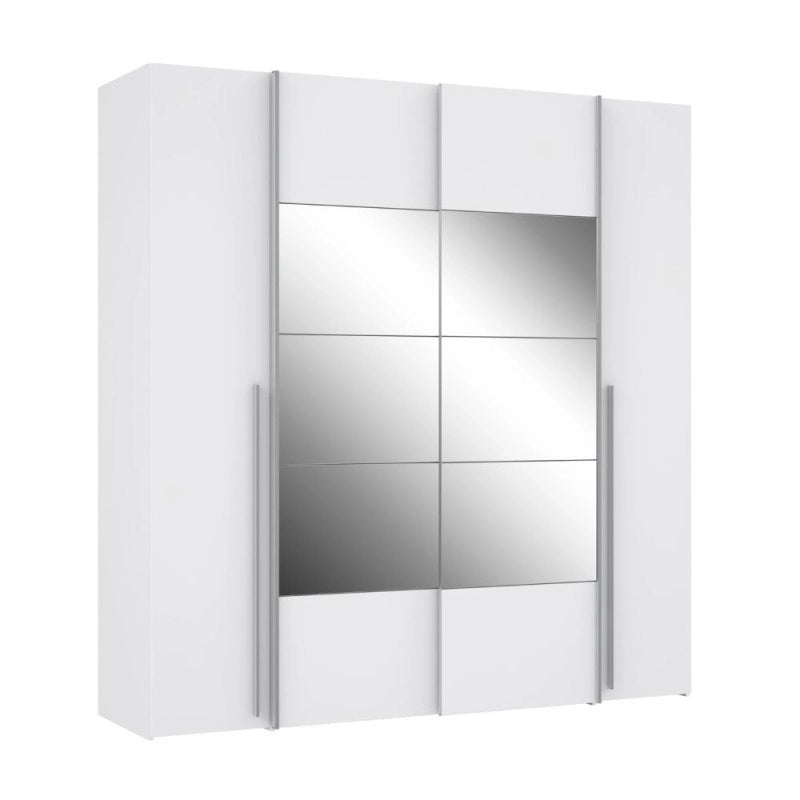 Armadio Callia 2 ante battenti bianco e 2 ante scorrevoli con specchio 200.1x61.2xH210.5 cm.