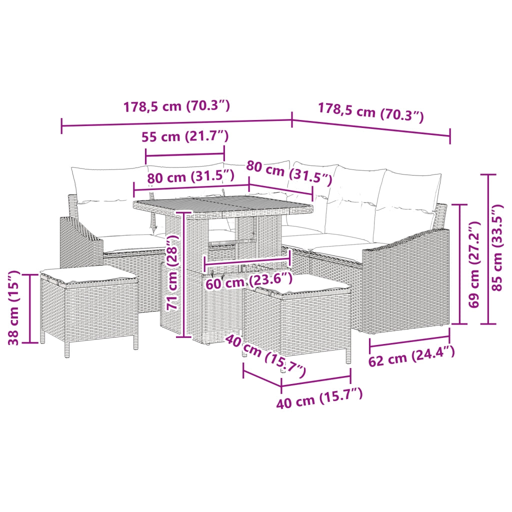 Set Divano da Giardino 8 Pezzi con Cuscini Grigio Polyrattan Acacia