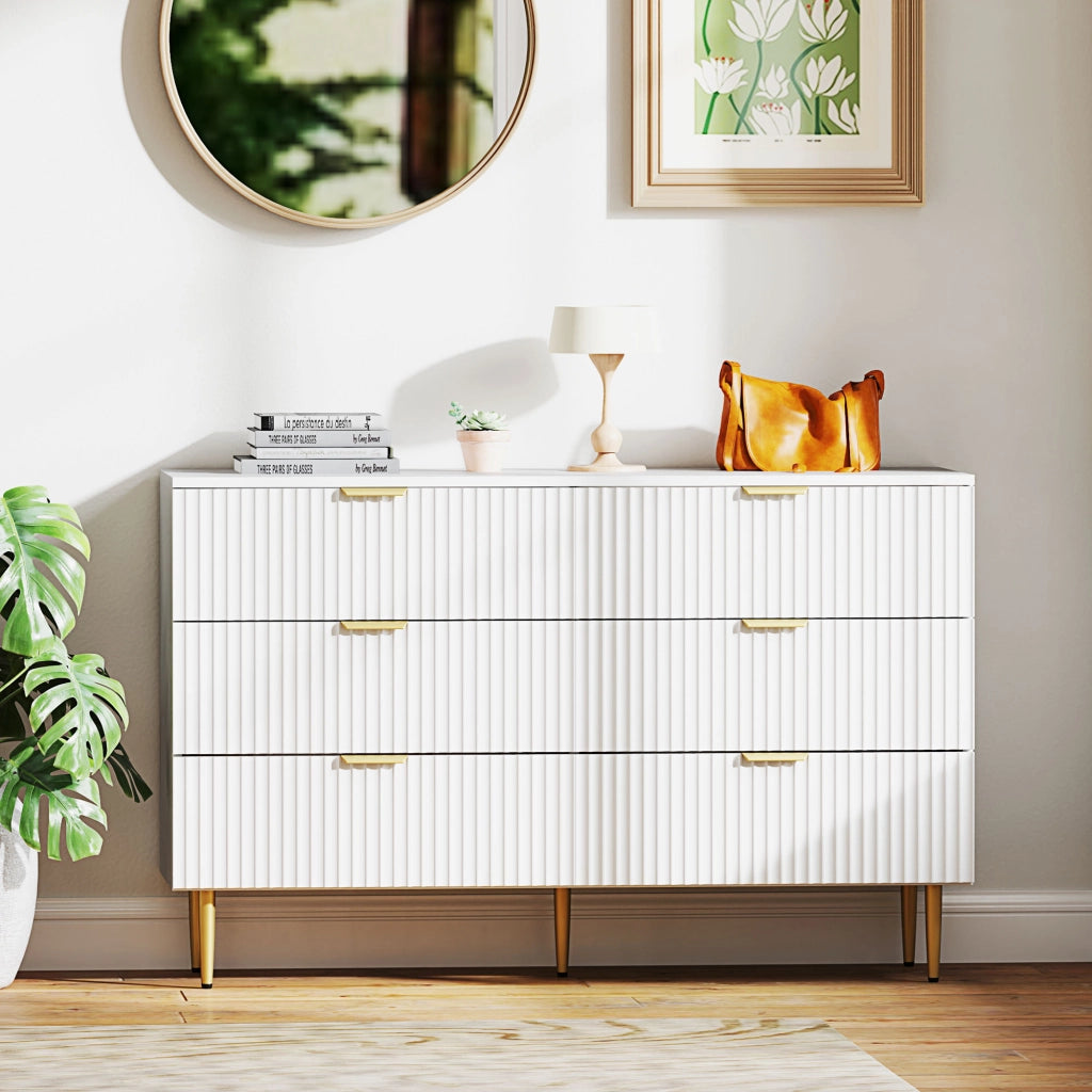 Cassettiera 6 cassetti ¨C Xylo ¨C bianco con maniglie dorate, 120x40x76,5 cm
