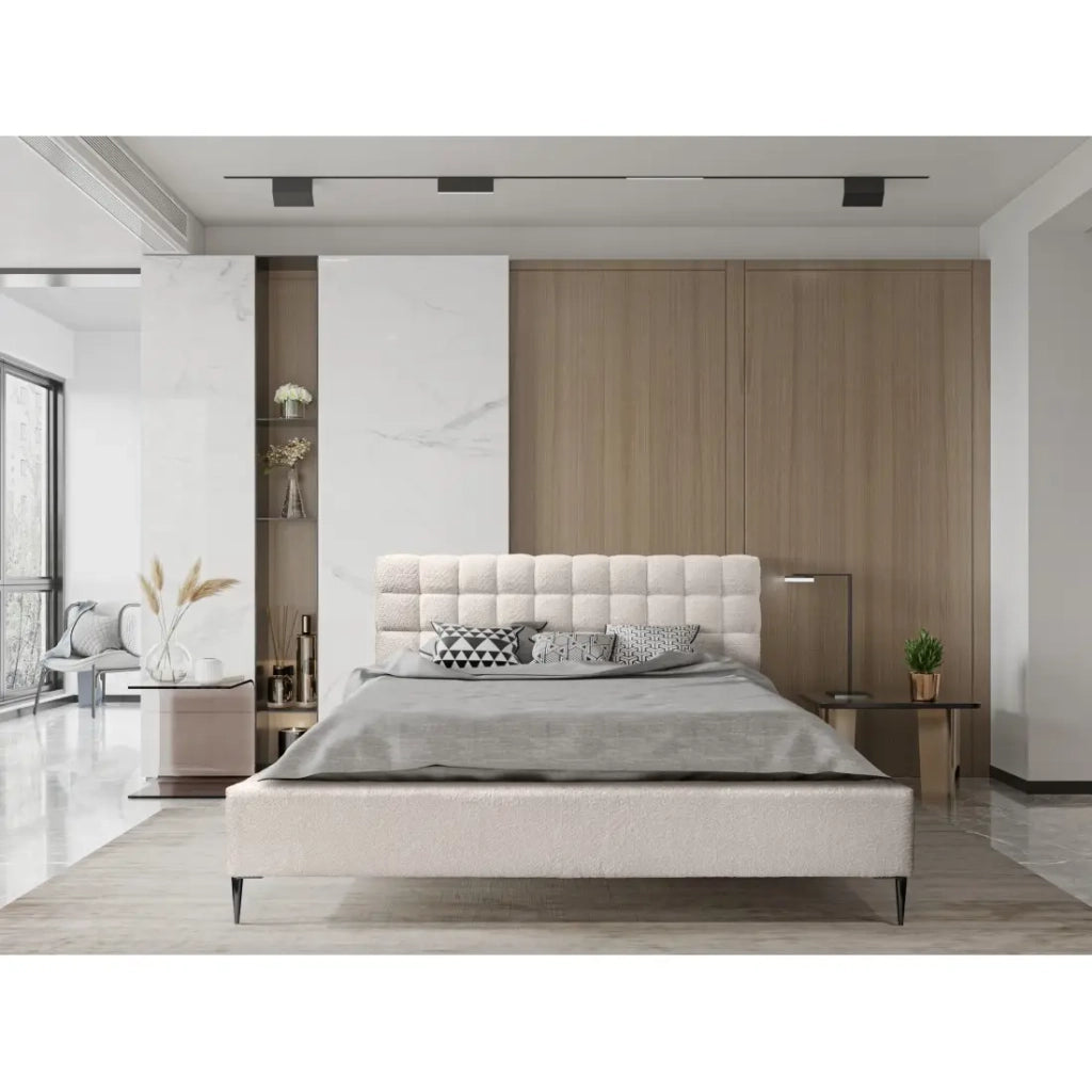 Letto MILLIO – Crema – 180x200 cm – Tessuto bouclé in ciniglia – Rete inclusa – Comfort hotel 5 stelle
