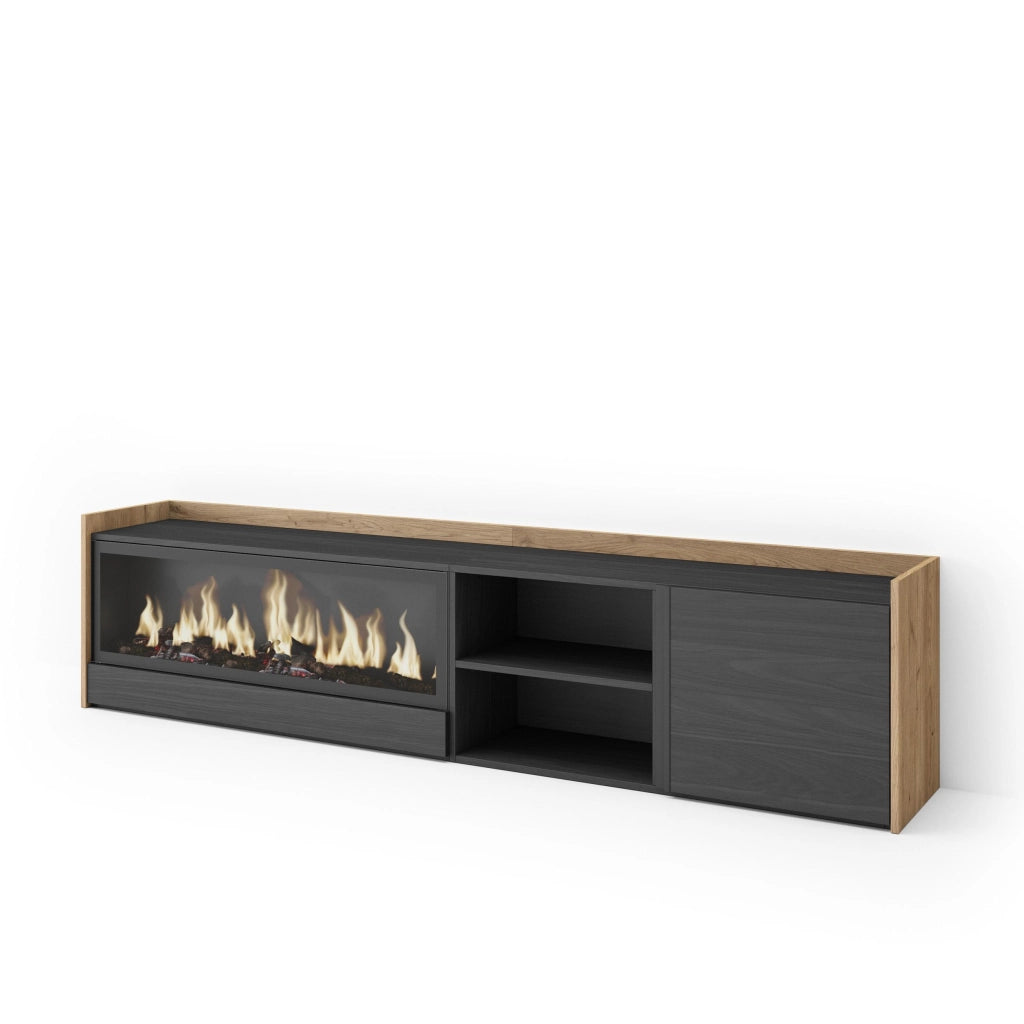 Mobile TV Soggiorno, 212x50x35 cm, Per TV fino a 80", Camino elettrico XXL, Nero e rovere