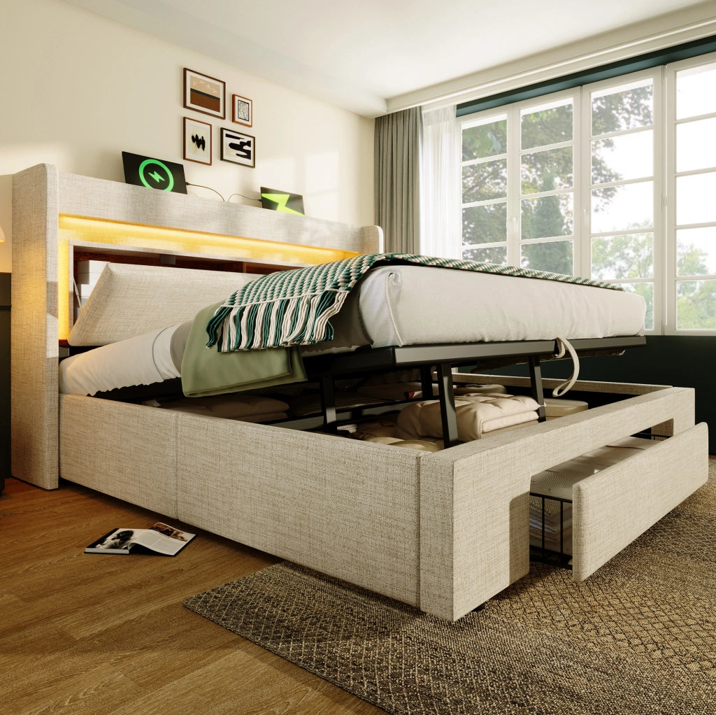 Letto imbottito 140x200 cm con contenitore idraulico; LED; USB e USB-C; beige