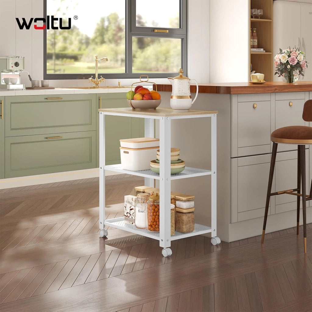 Carrello da Cucina a 3 Ripiani, con 4 Ruote Girevoli, per Cucina, Sala da Pranzo, Soggiorno, Legno e Metallo, 60x40x76cm (Bianco+Rovere Chiaro)