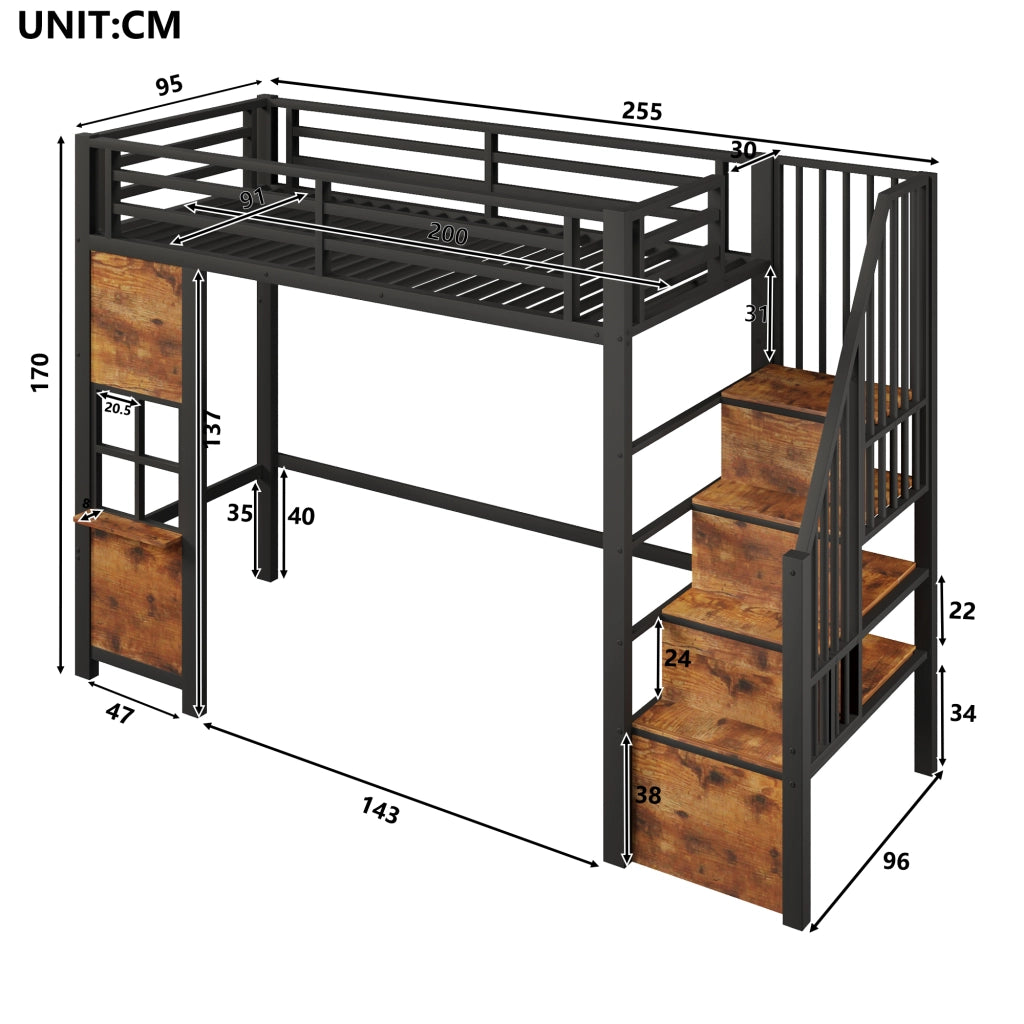 Letto a soppalco 90x200 cm con scala contenitore; finestra; spazio libero sottostante e parapetto; metallo nero