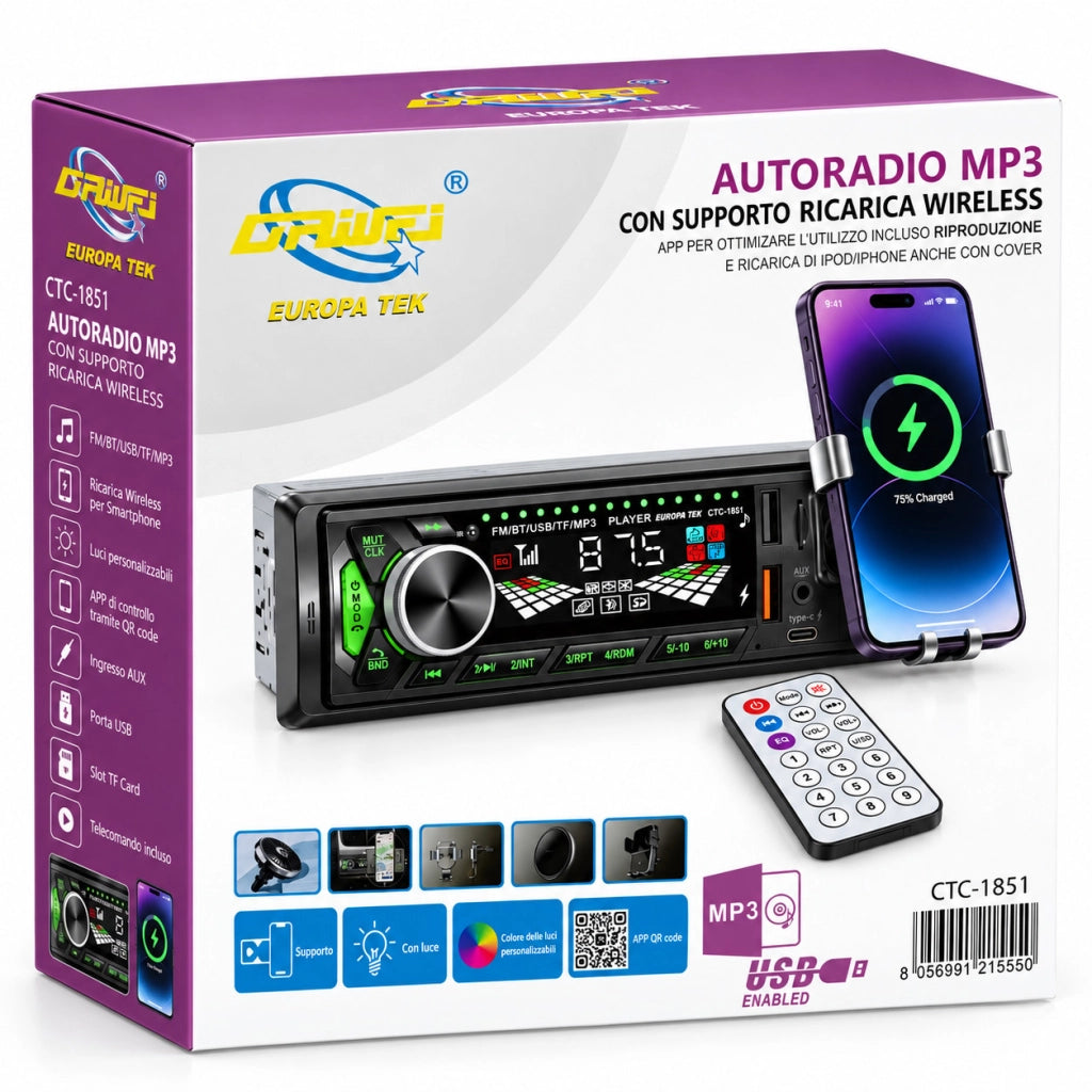 AUTORADIO MP3 BLUETOOTH USB TF AUX RICARICA WIRELESS SUPPORTO CELLULARE CTC-1851