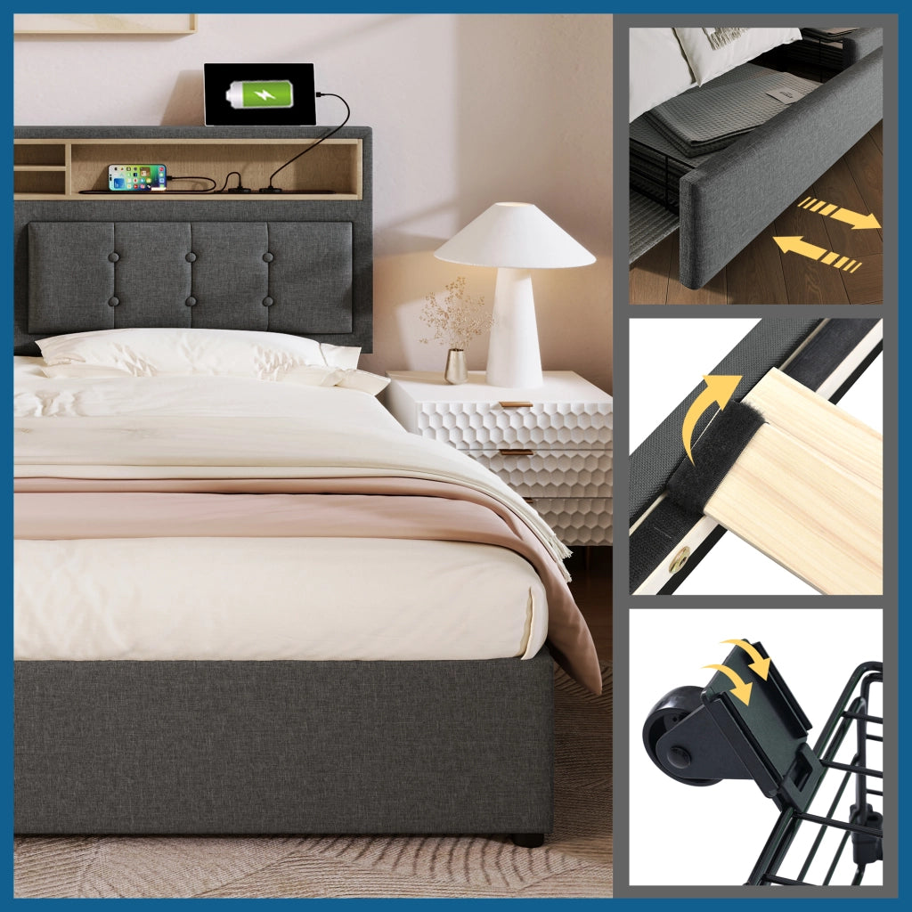 OKWISH Letto con Cassetti Letto Matrimoniale, 4 Cassetti, USB, Tipo C e Prese, 140×200 cm, senza Materasso, in Lino, Grigio