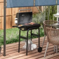 Barbecue a Carbone con Coperchio, Termometro e Camino, Ripiani e Ruote, Nero