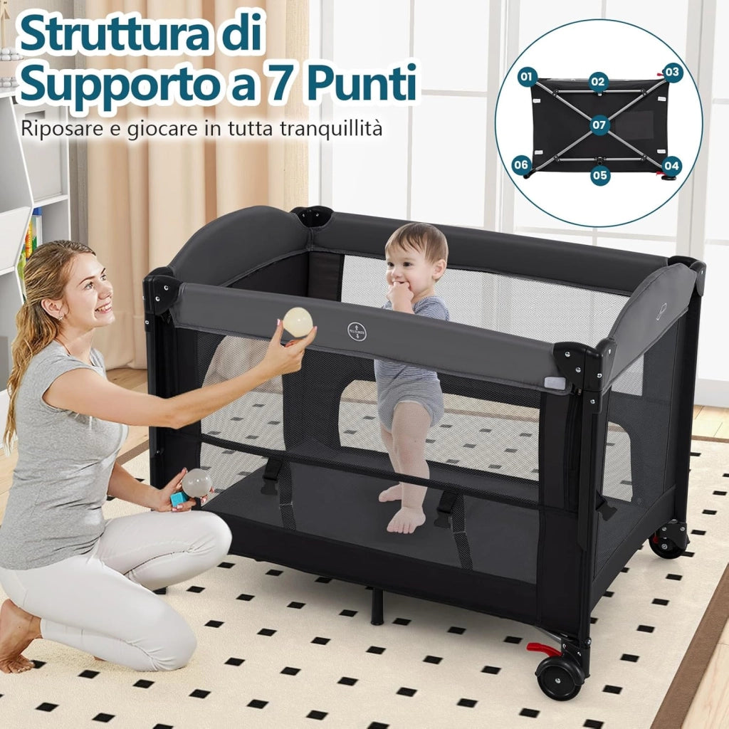 Lettino da Viaggio Pieghevole, Culla Portatile per Bambini, Lettino per Bambini con 4 Altezze Regolabili, Fasciatoio, Materasso, Box Bambini, per Bambini 0-3 Anni