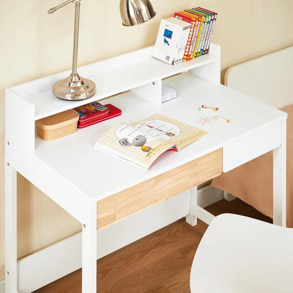 Scrivania Salvaspazio con 2 Cassetti Scrivania Ufficio Compatta Tavolo da Lavoro per Studio Cameretta e Camera da Letto Bianco 100x59x95cm FWT106-W