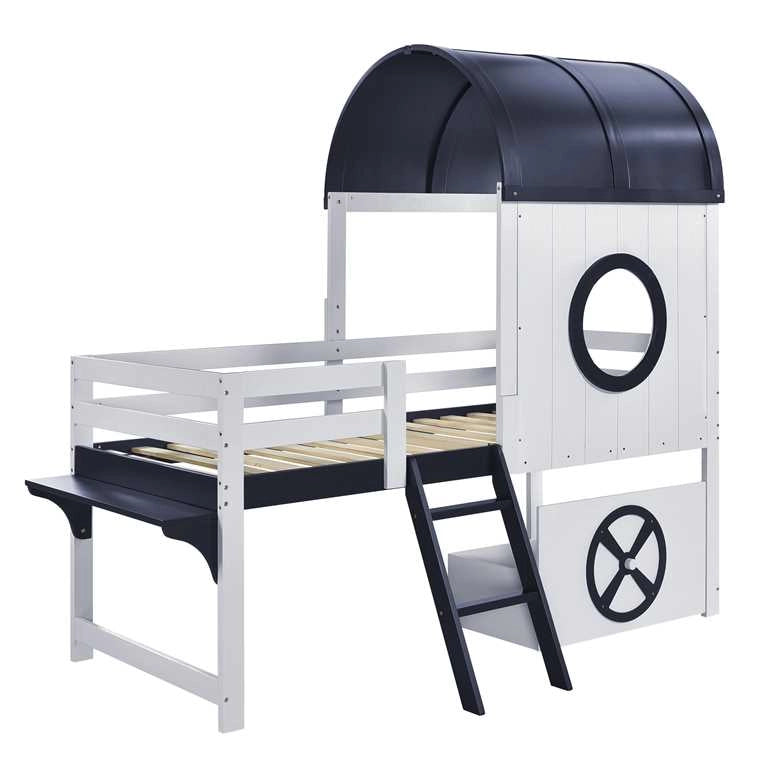 OKWISH Letto a Soppalco 90×200 cm, Letto Singolo con Cassetto con Ruote, Scala Inclinata e Tetto, senza Materasso, Bianco e Blu Scuro