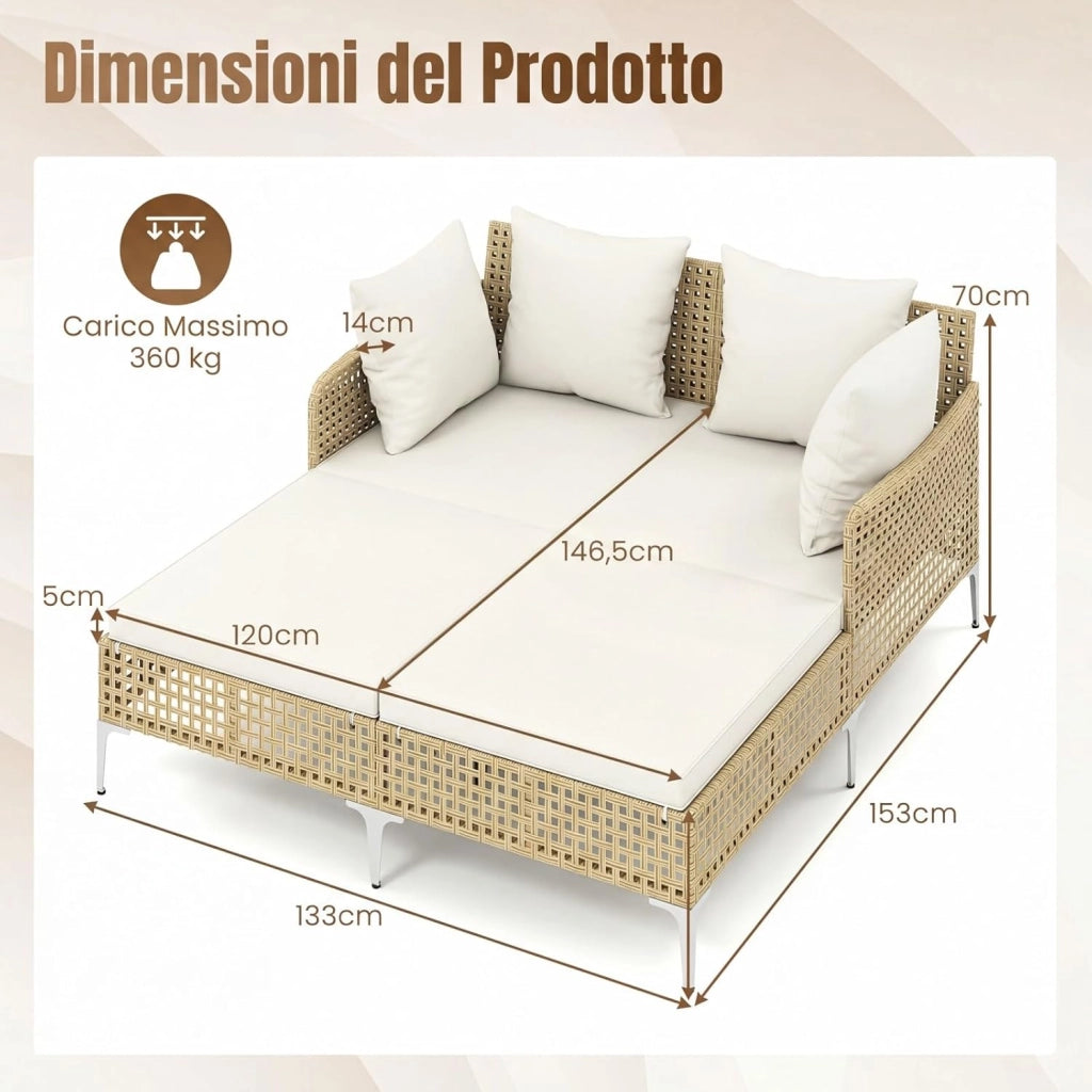 Lettino Prendisole per 2 Persone da Giardino, Divano Letto Matrimoniale da Esterno con Cuscini per Seduta e Schienale, Isola Prendisole per Cortile e Terrazza, 153 x 133 x 70 cm