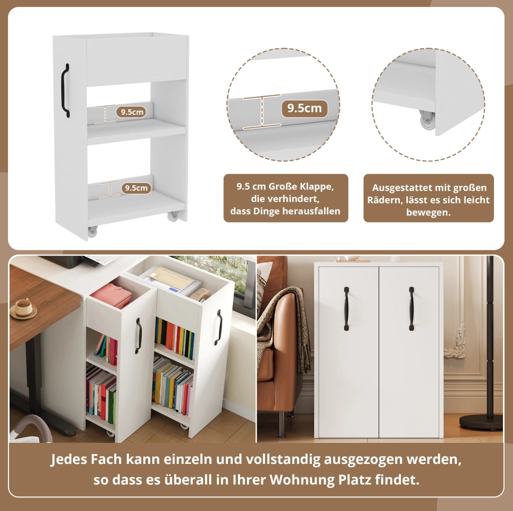 Mobile contenitore con ruote 52x50x75 cm; in truciolare bianco; reversibile