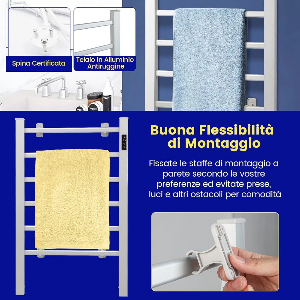 COSTWAY Scaldasalviette Riscaldato, con 6 Barre Riscaldate e Timer, Scaldasalviette Elettrico con Display LED Protezione Contro Surriscaldamento e Costante della Temperatura, in Alluminio