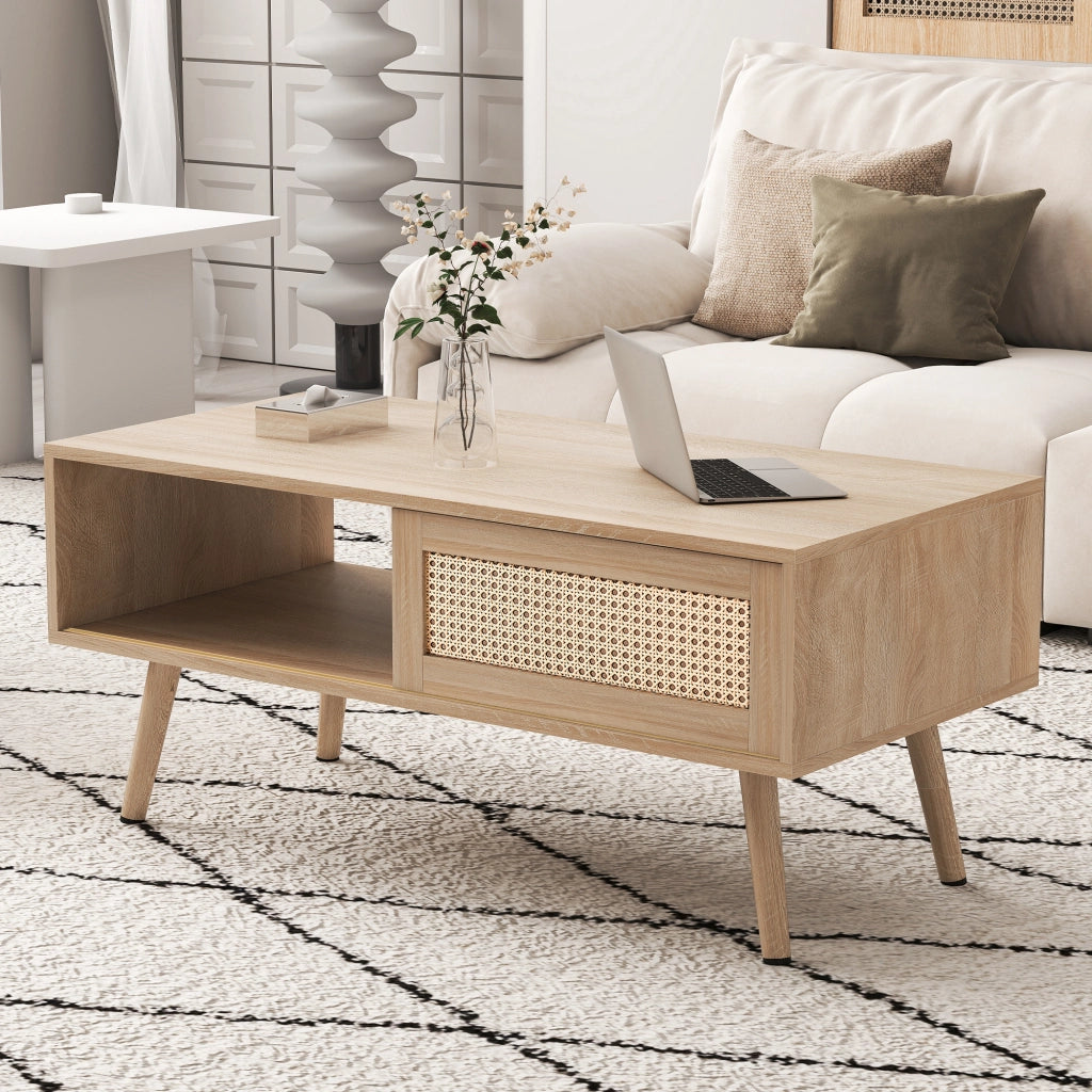 TAVOLINO DA SALOTTO 105x55x40 cm MDF Legno Naturale effetto rattan con anta scorrevole